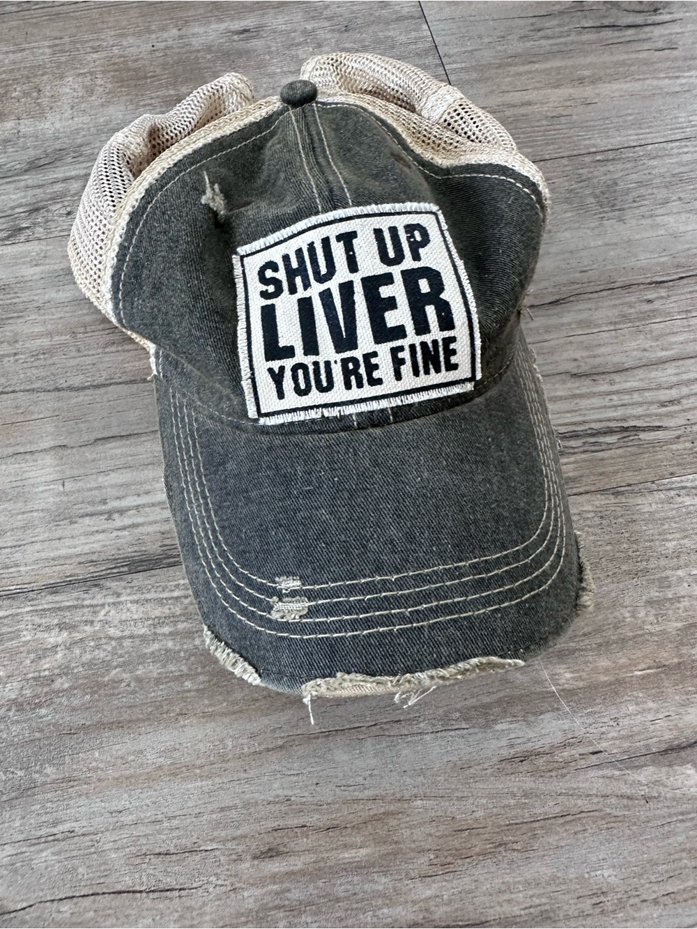 Distressed Black Mesh Trucker Hat with 'Shut Up Liver You're Fine' Patch